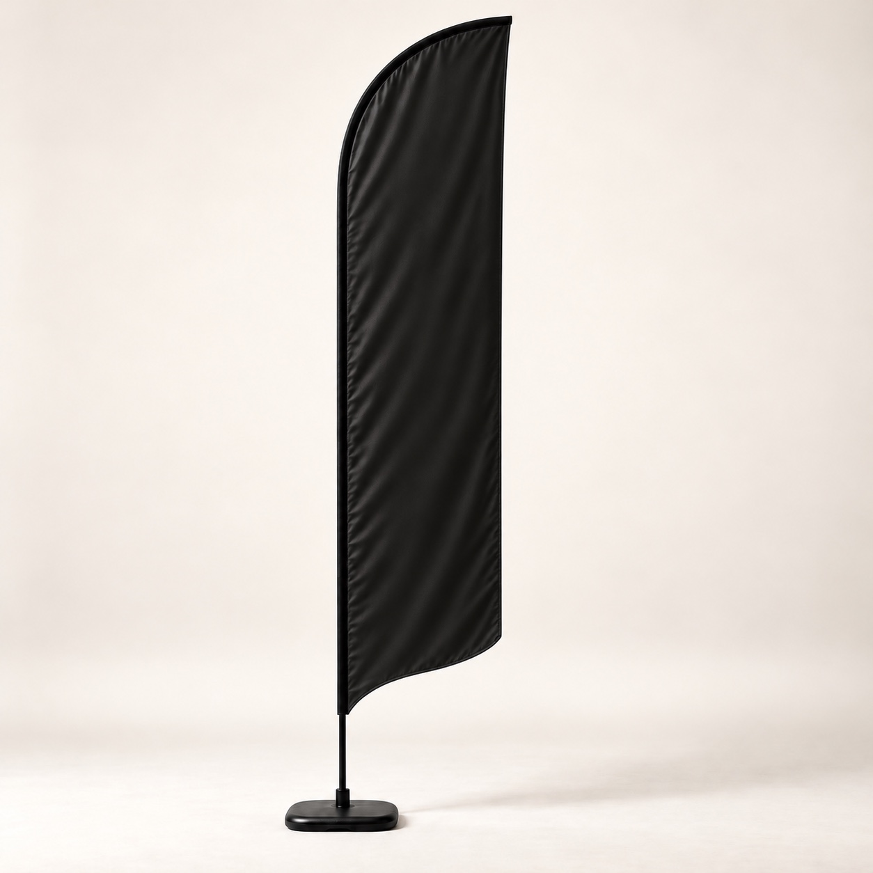 Black pavilion feather flag on an indoor stand