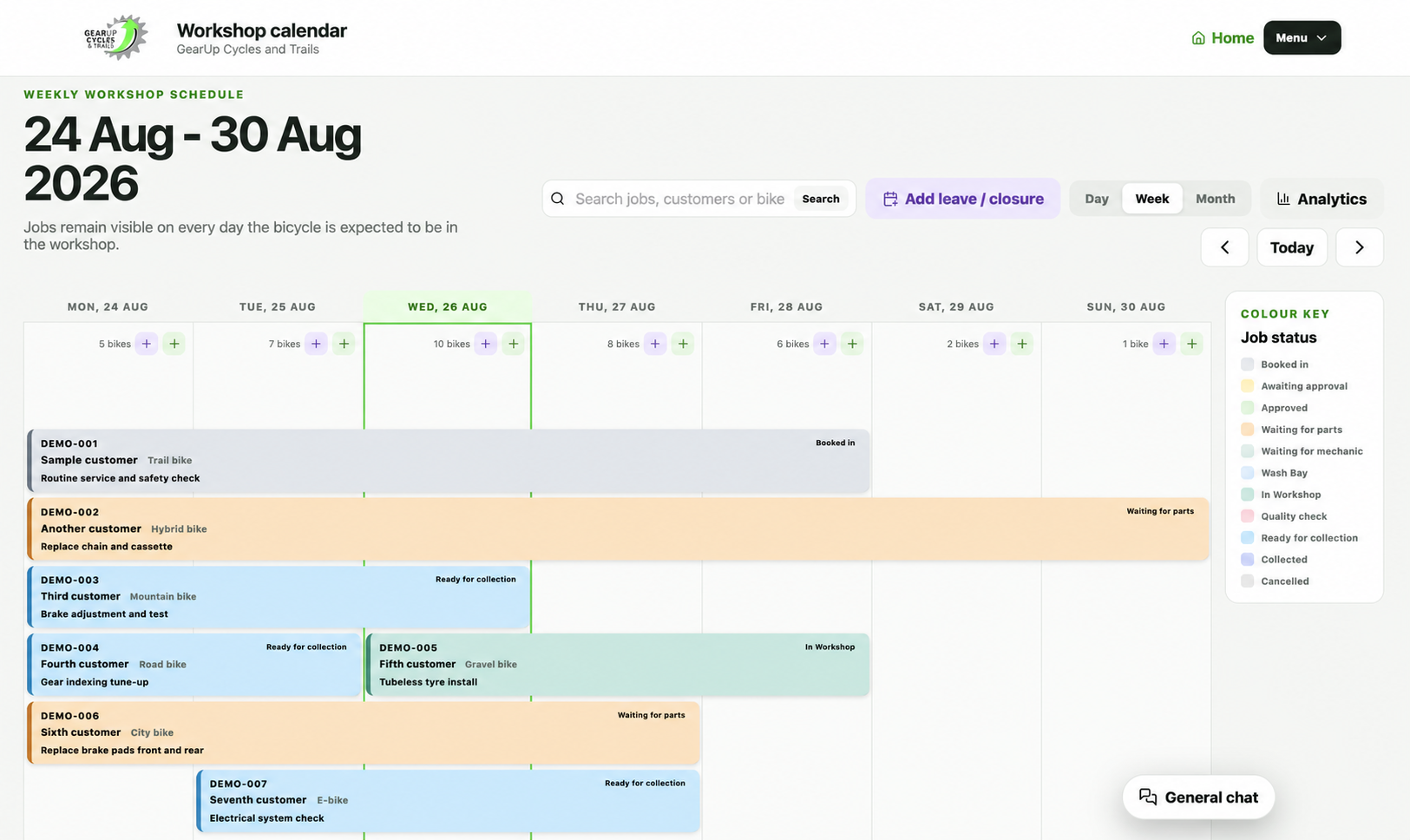 An anonymised weekly GearUp workshop calendar with bookings and job progress