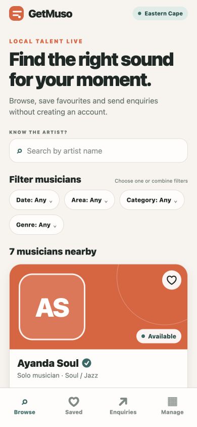 GetMuso mobile app browse screen with musician search and availability filters