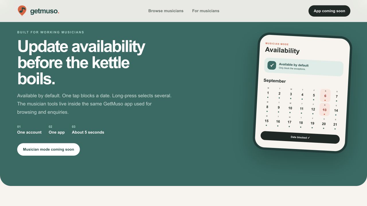 GetMuso musician tools preview showing fast calendar availability management
