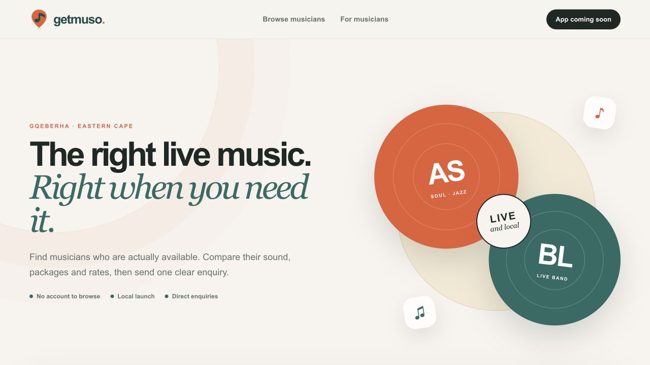 GetMuso responsive website introducing the live music marketplace