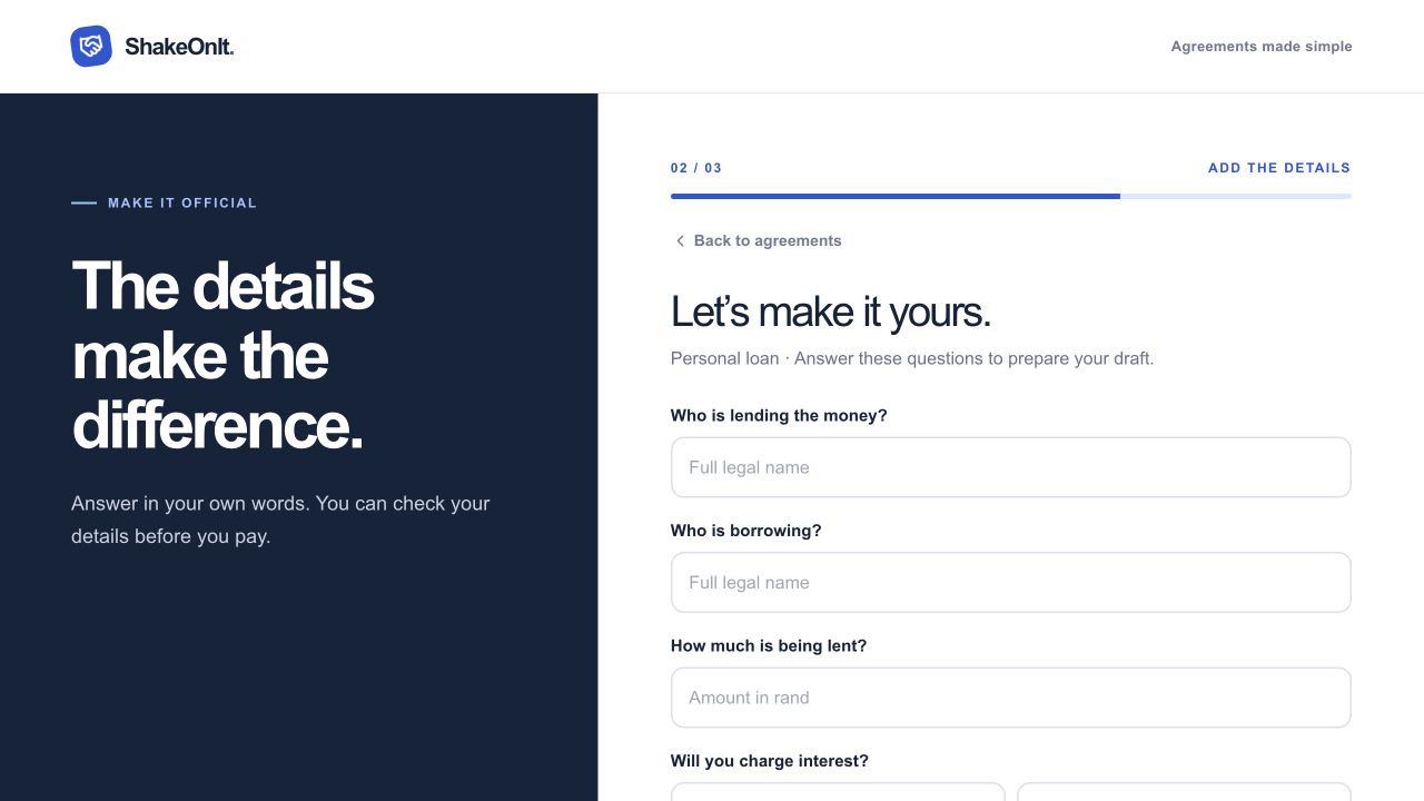 ShakeOnIt personal loan question screen with blank fields
