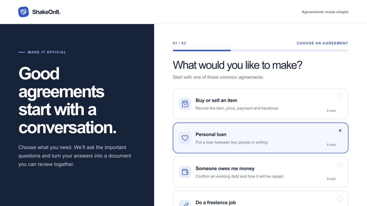 ShakeOnIt homepage showing the agreement selection flow