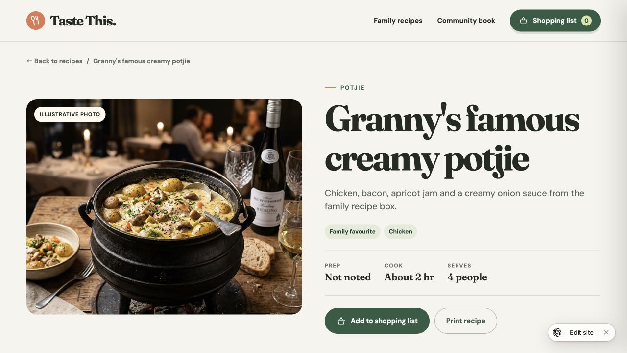 Taste This potjie recipe page with recipe details and shopping list action