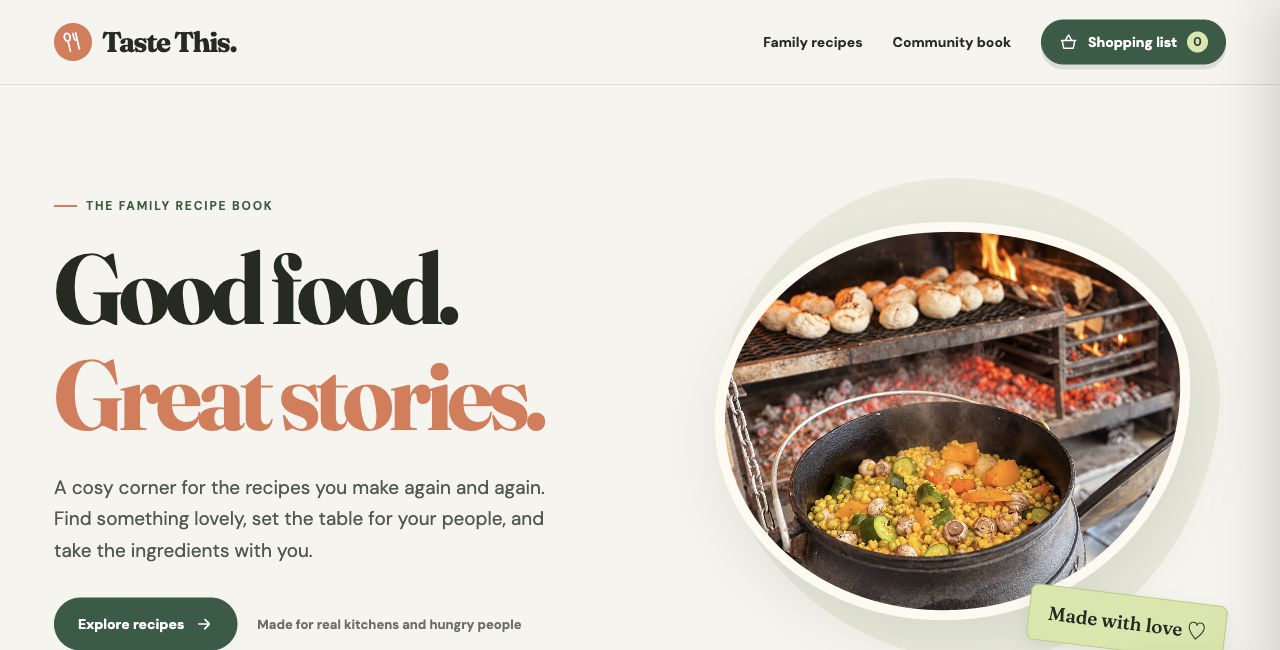 Taste This homepage with its family recipe book introduction and potjie photo